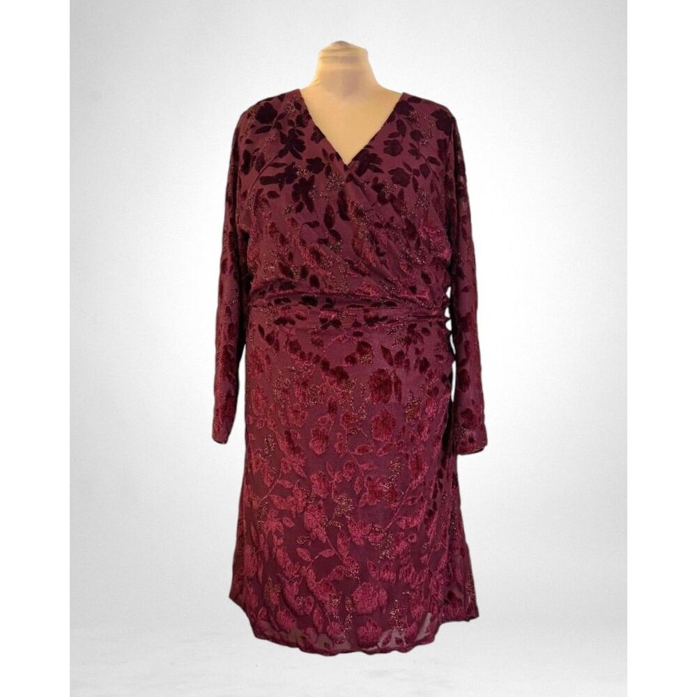 Isaac Mizrahi Live! Burnout Velvet Long Sleeve Wrap Maroon Dress, NWOT! Size 3X
